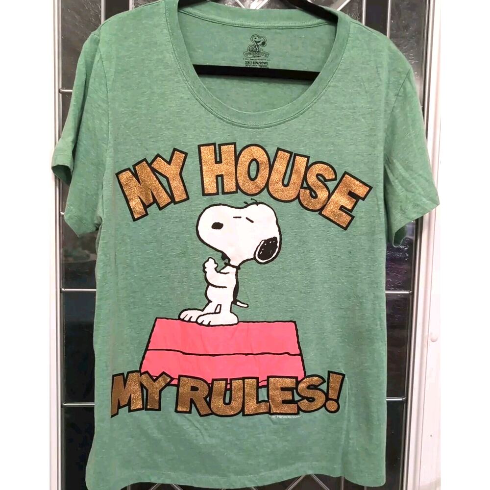 Ladies 2X 18W-20W Cotton Poly Green Snoopy T-shirt "My House My Rules" (65)